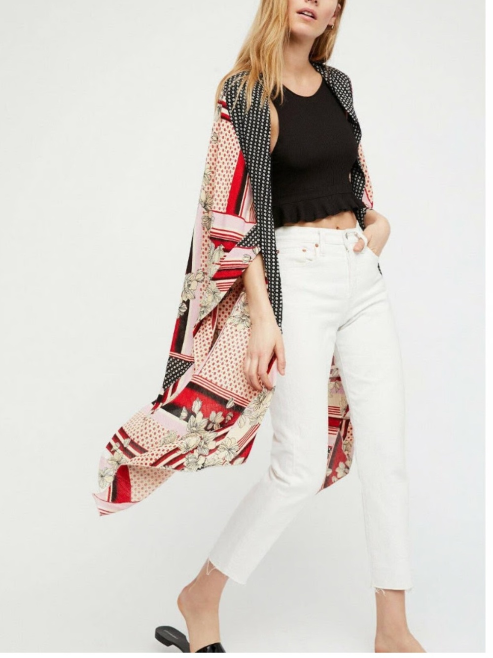 Free People Morning Glory Black Red White Pink Floral Print Kimono Top
